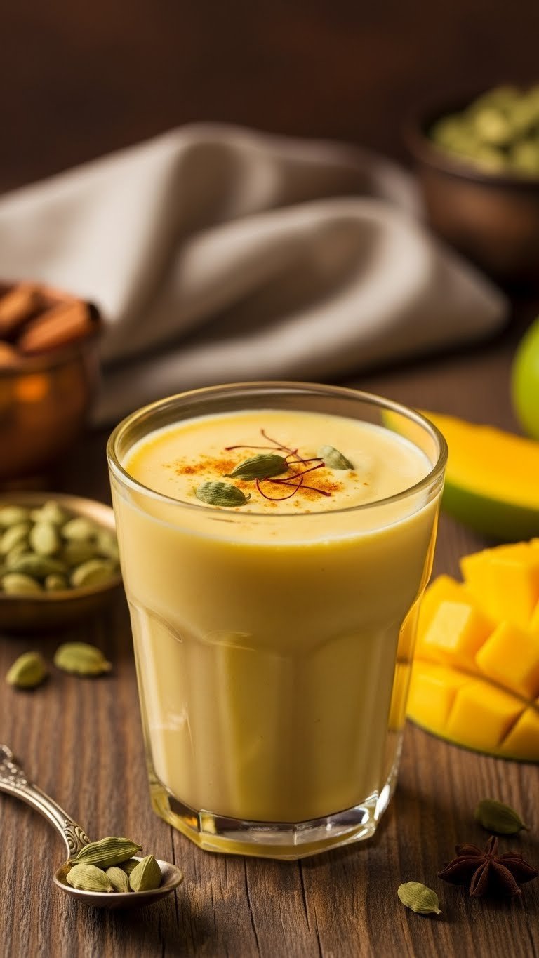Creamy mango lassi in traditional copper cup with saffron and cardamom garnish