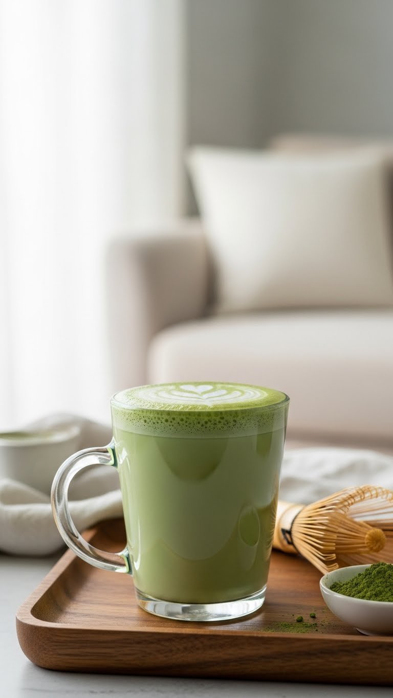 Creamy matcha green tea latte in ceramic mug with foam art on wooden tray