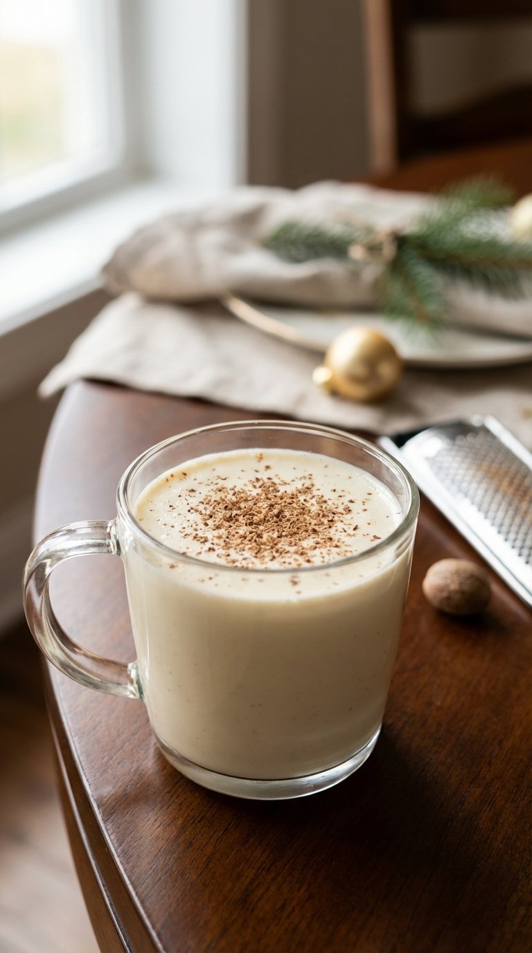Creamy nutmeg-spiced eggnog in clear glass mug with freshly grated nutmeg topping