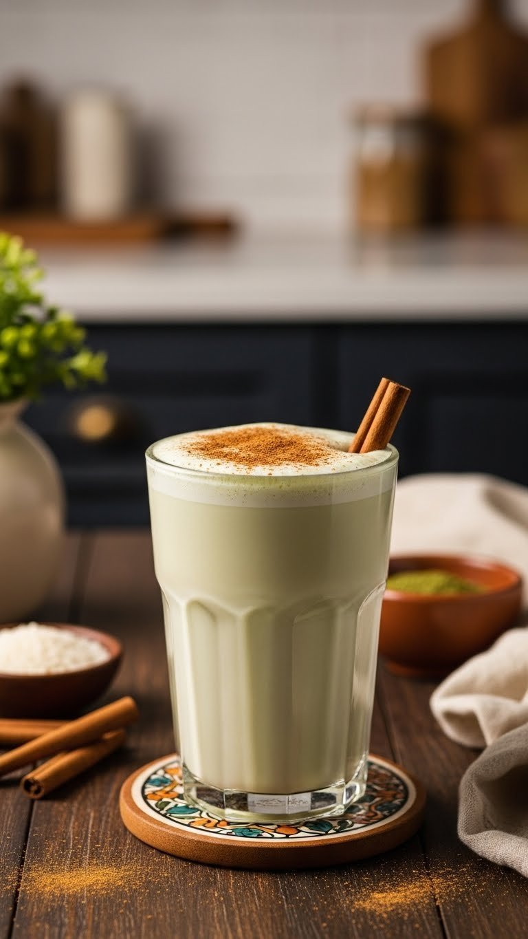 Creamy pale green matcha horchata in frosted glass with cinnamon garnish on dark wooden table