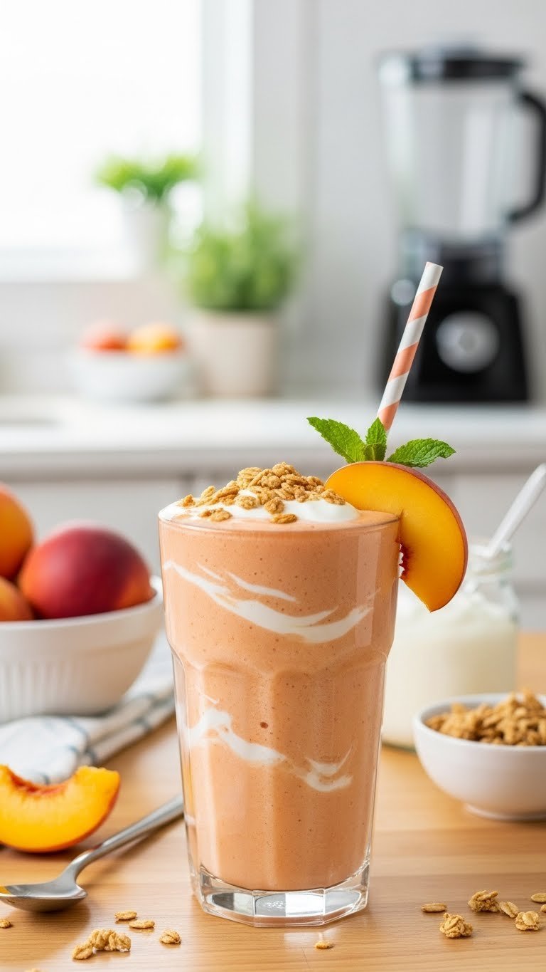 Creamy peach smoothie with yogurt swirl and granola topping in tumbler