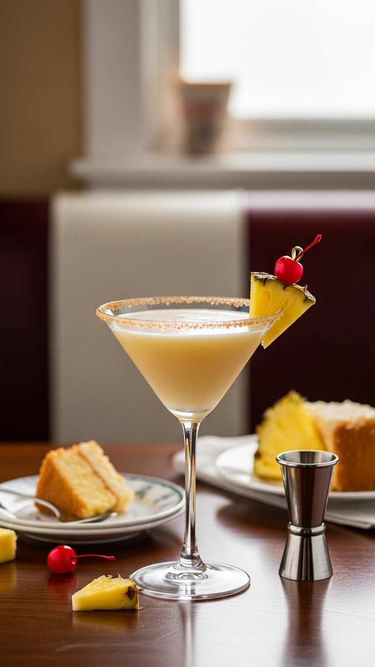 Creamy pineapple upside-down cake martini in martini glass with brown sugar rim and fruit garnish