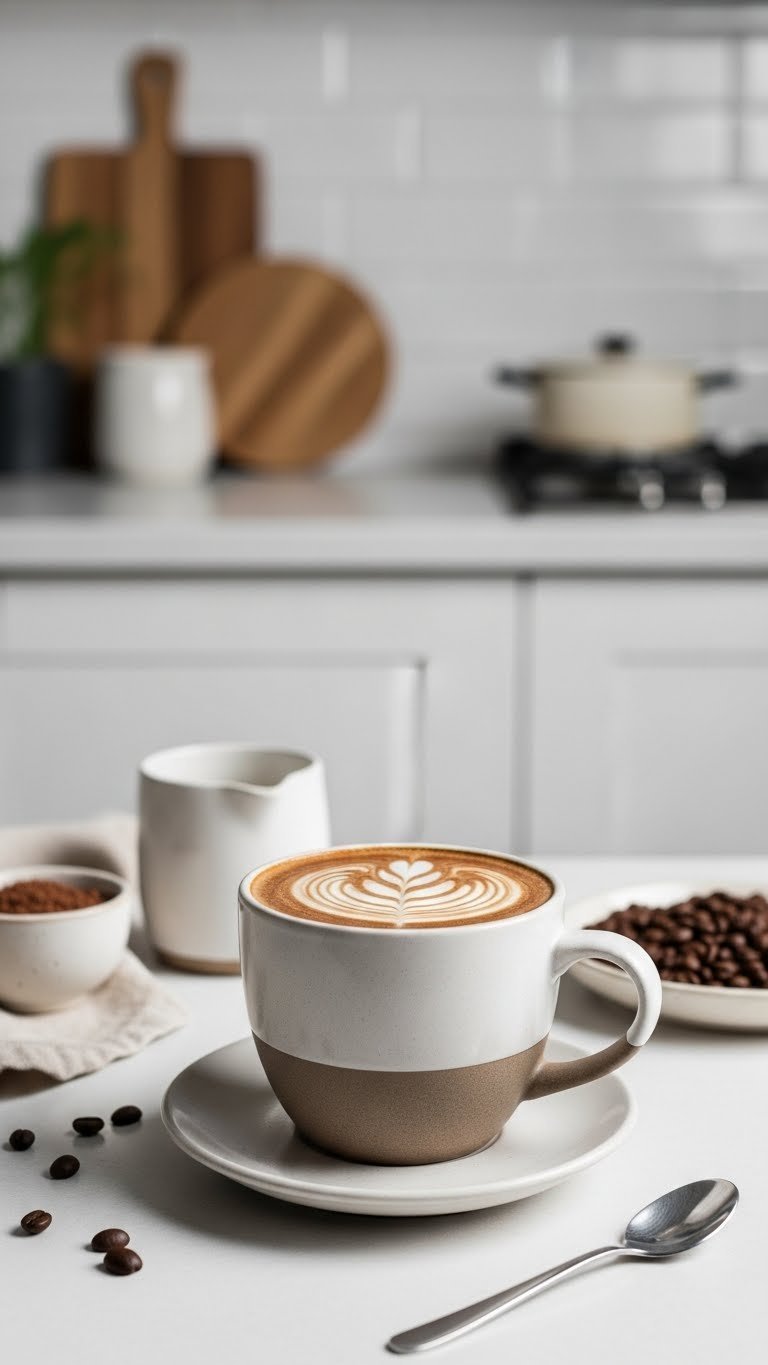 Creamy protein coffee in stylish ceramic mug with frothed milk swirl on minimalist white tabletop