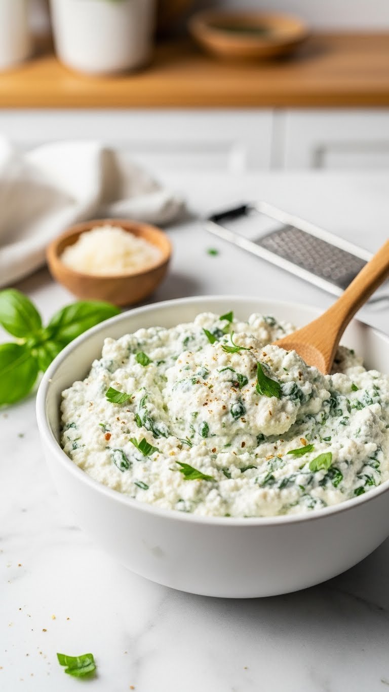Creamy ricotta cheese mixture with spinach and parsley in white ceramic bowl with wooden spoon