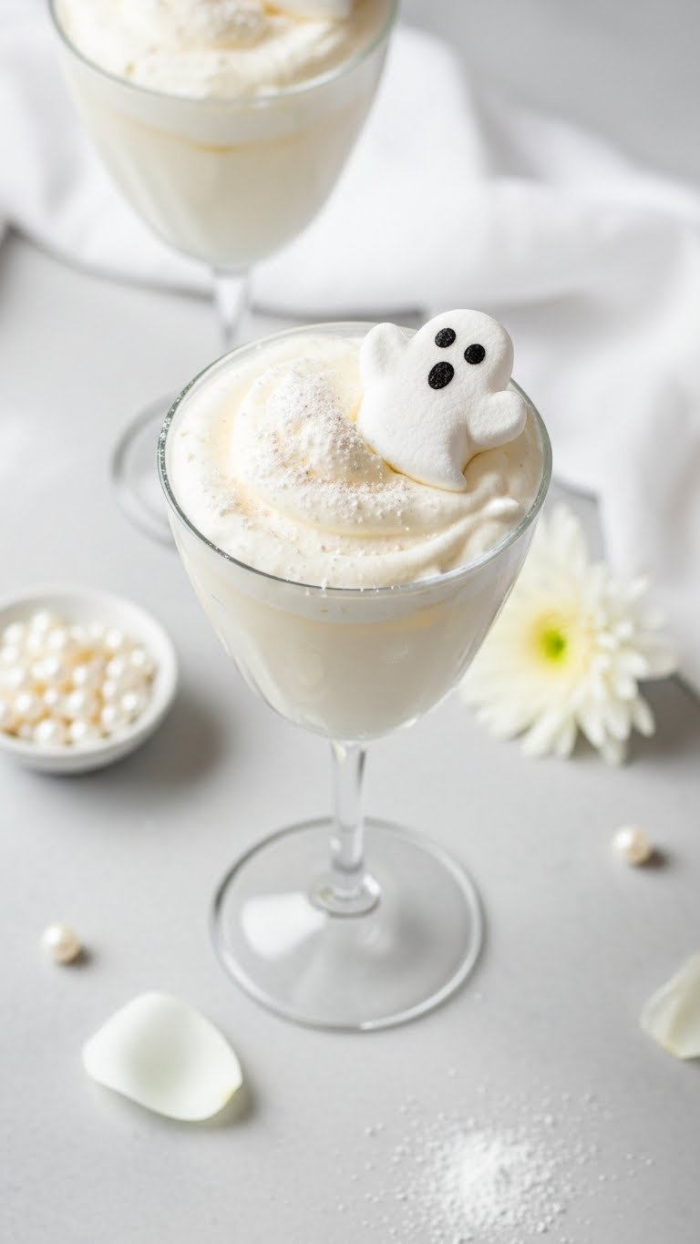 Creamy white Ghostly Coconut Dream mocktail in footed glass with ghost marshmallow on light marble surface