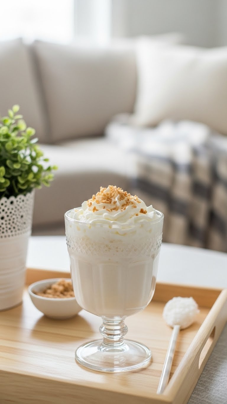 Creamy white energy drink in elegant glass topped with whipped cream and toasted coconut flakes on wooden tray
