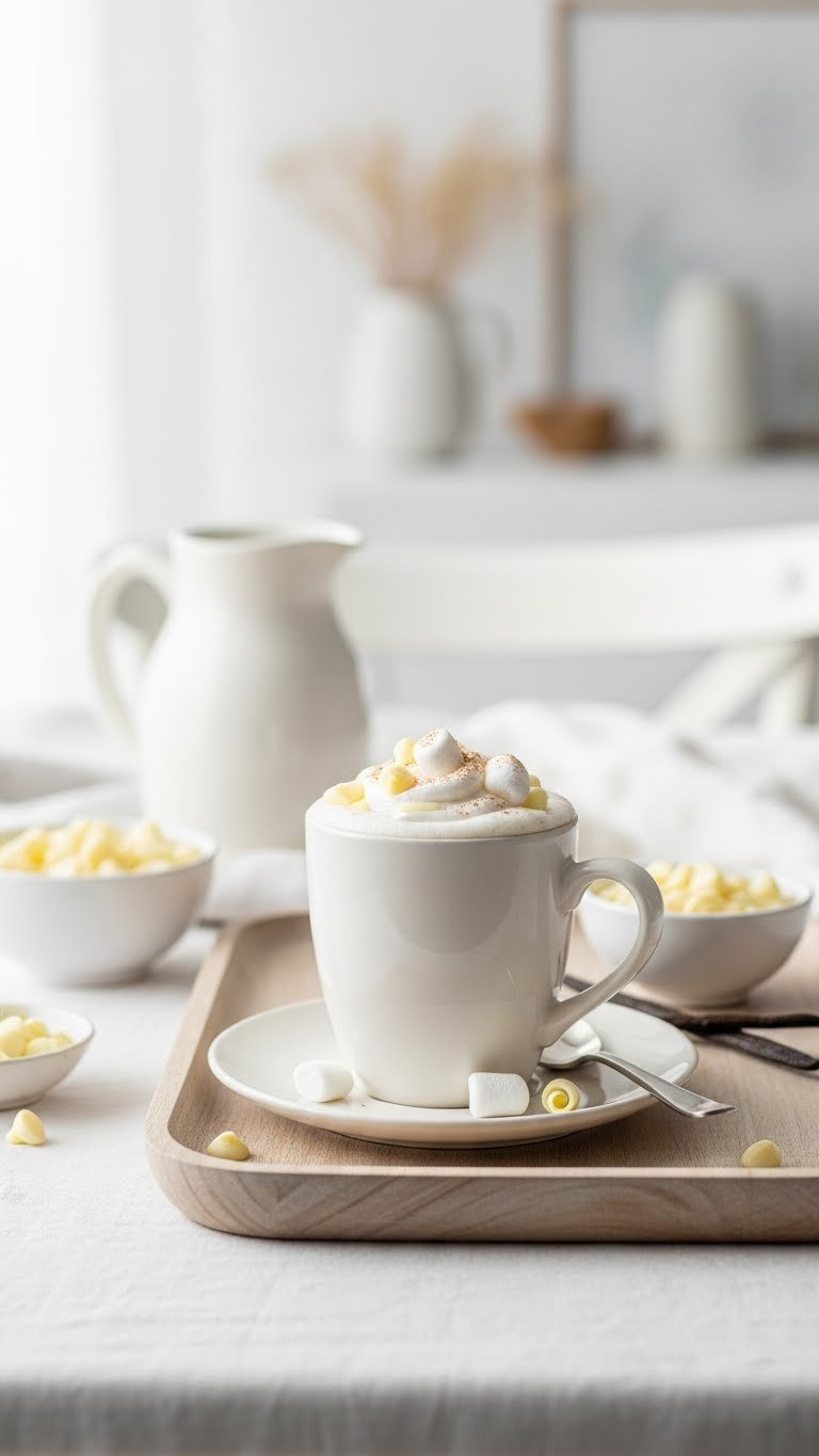 Creamy white hot chocolate with marshmallow swirl and white chocolate curls in elegant porcelain mug