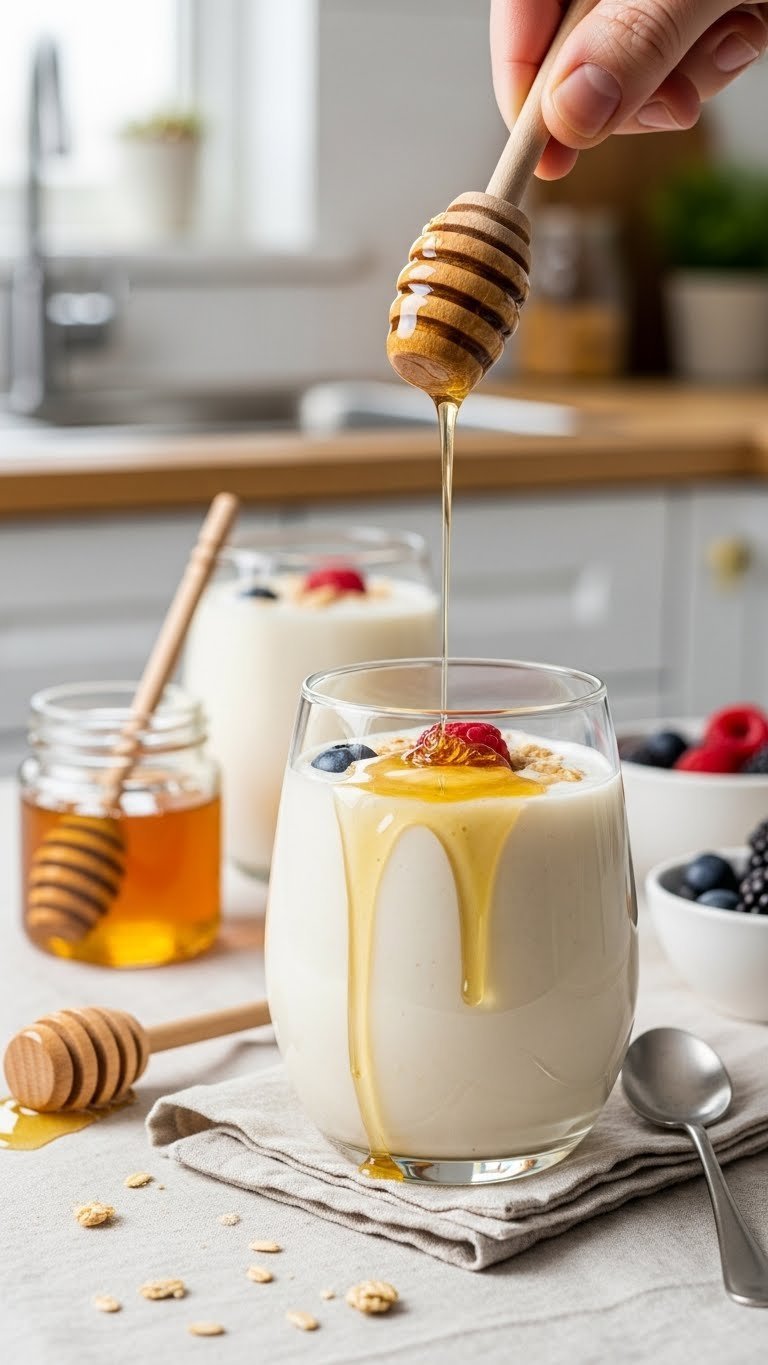 Creamy yogurt honey smoothie in wide-mouthed glass with golden honey drizzle on linen tablecloth