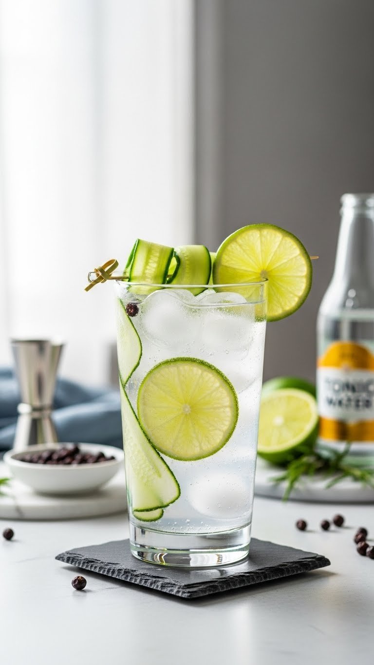 Crisp Gin & Tonic cocktail with lime wheel and cucumber ribbons in highball glass on slate coaster