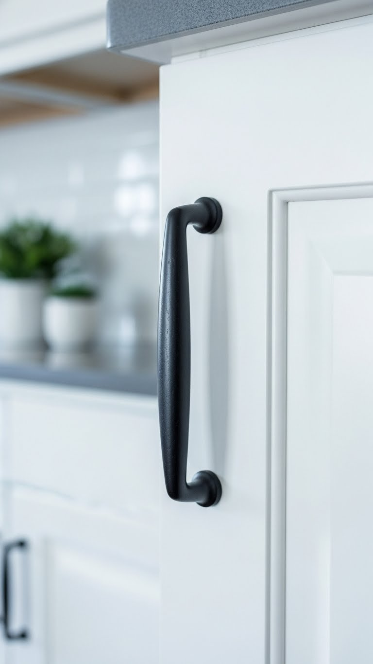 Crisp white shaker-style cabinet door with matte black pull handle creating modern rustic contrast in kitchen design