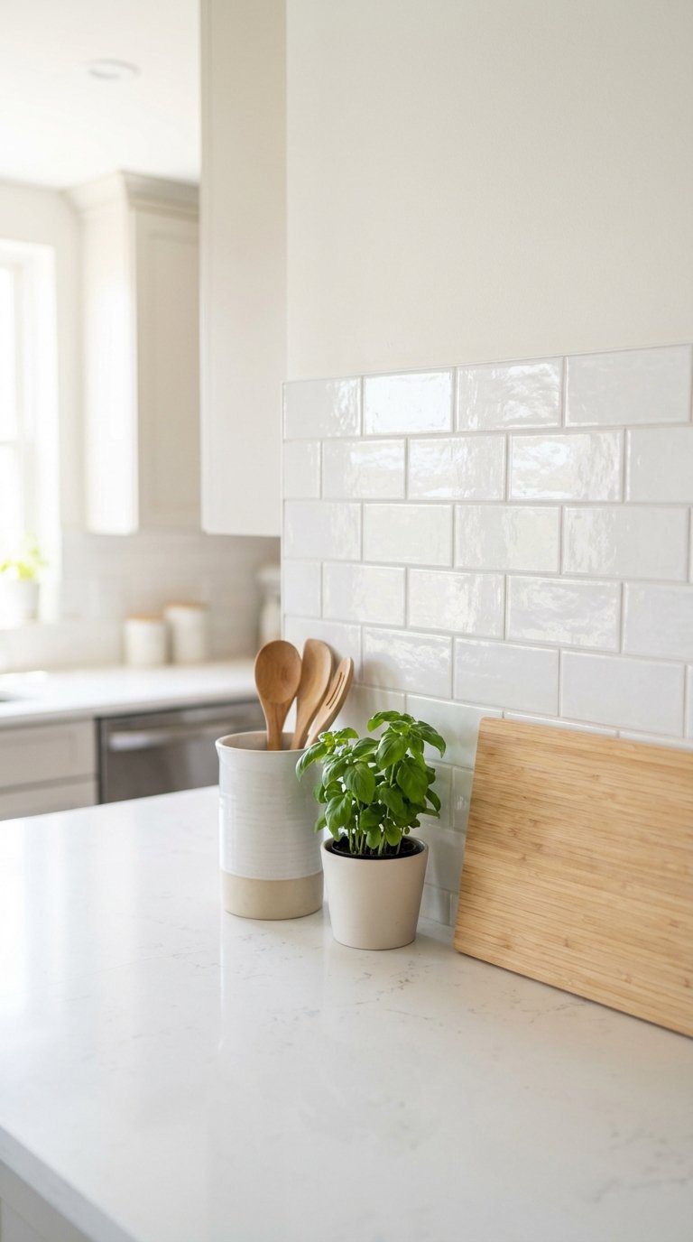 Crisp white subway tile peel-and-stick backsplash installation in apartment kitchen with utensil holder
