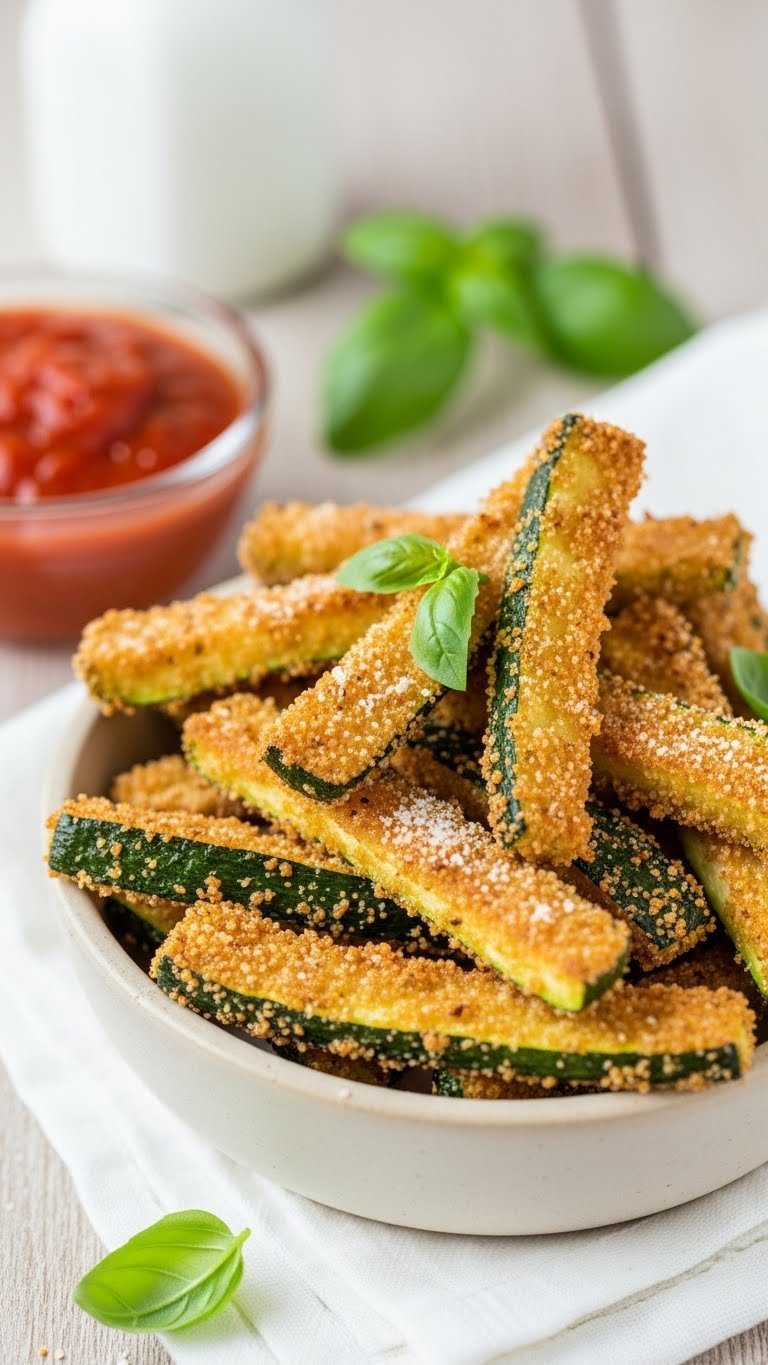 Crispy baked zucchini fries with golden-brown coating and vibrant green interior piled in rustic bowl for dipping.
