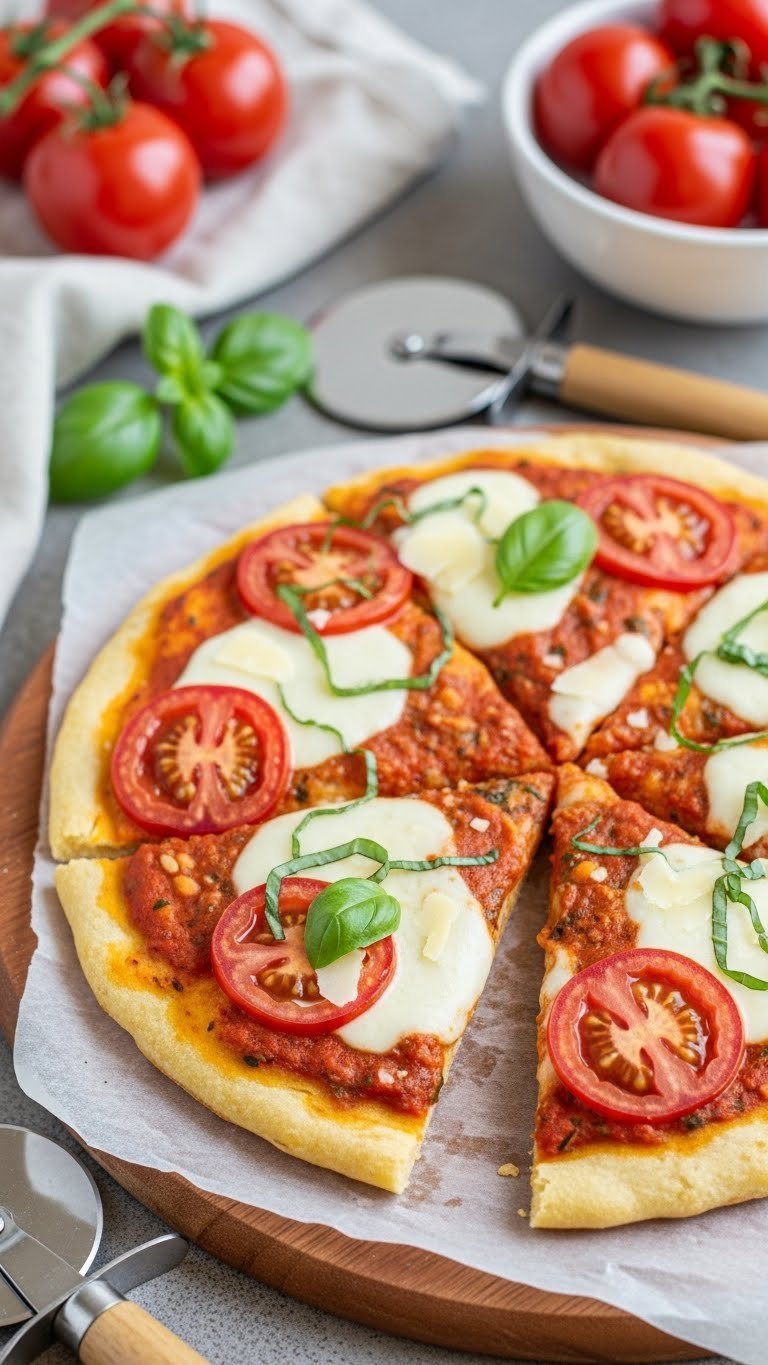Crispy keto zucchini pizza crust with mozzarella and tomato sauce on wooden pizza peel with basil