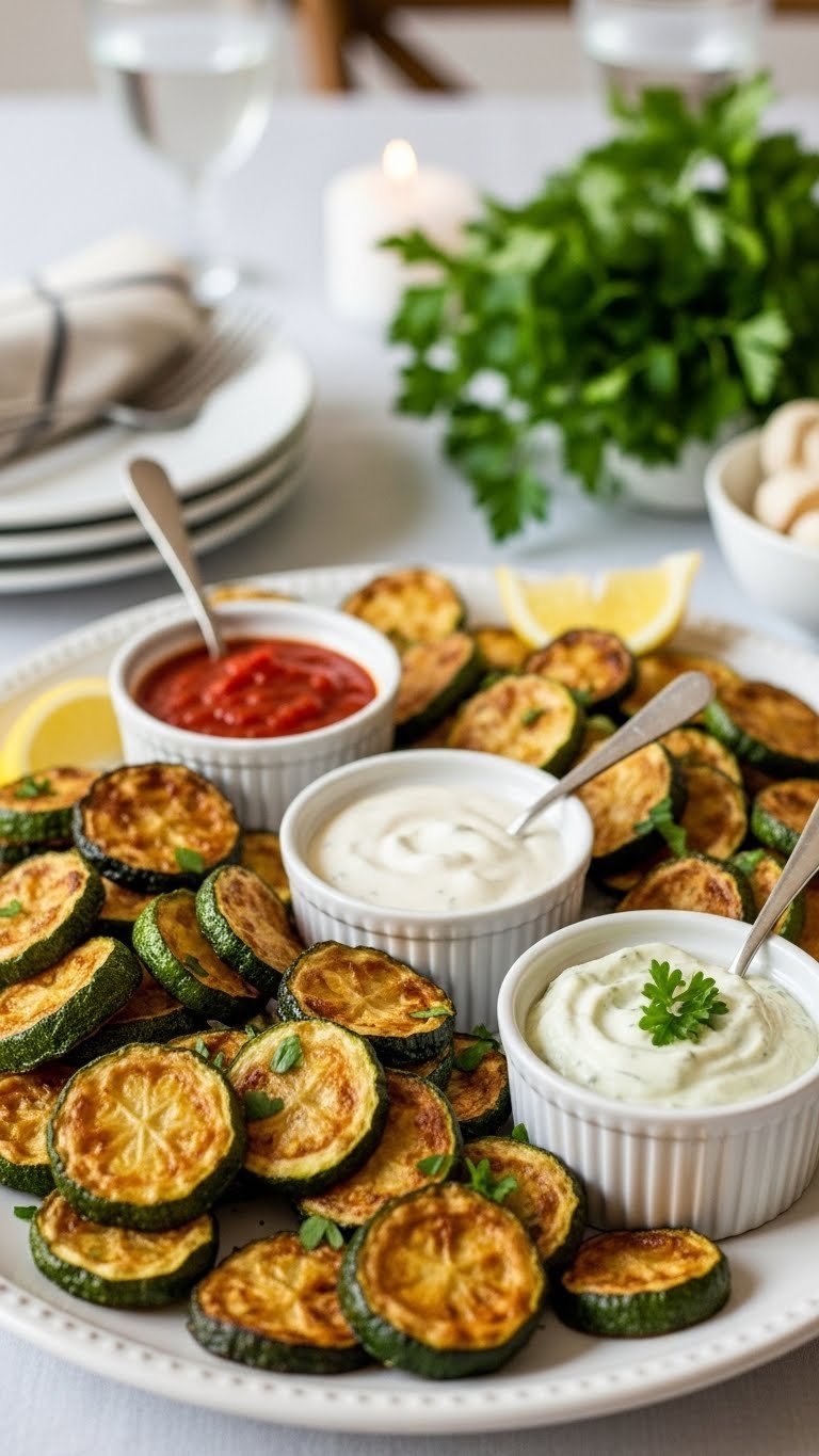 Crispy oven-fried zucchini platter with marinara, ranch, and lemon herb aioli dipping sauces