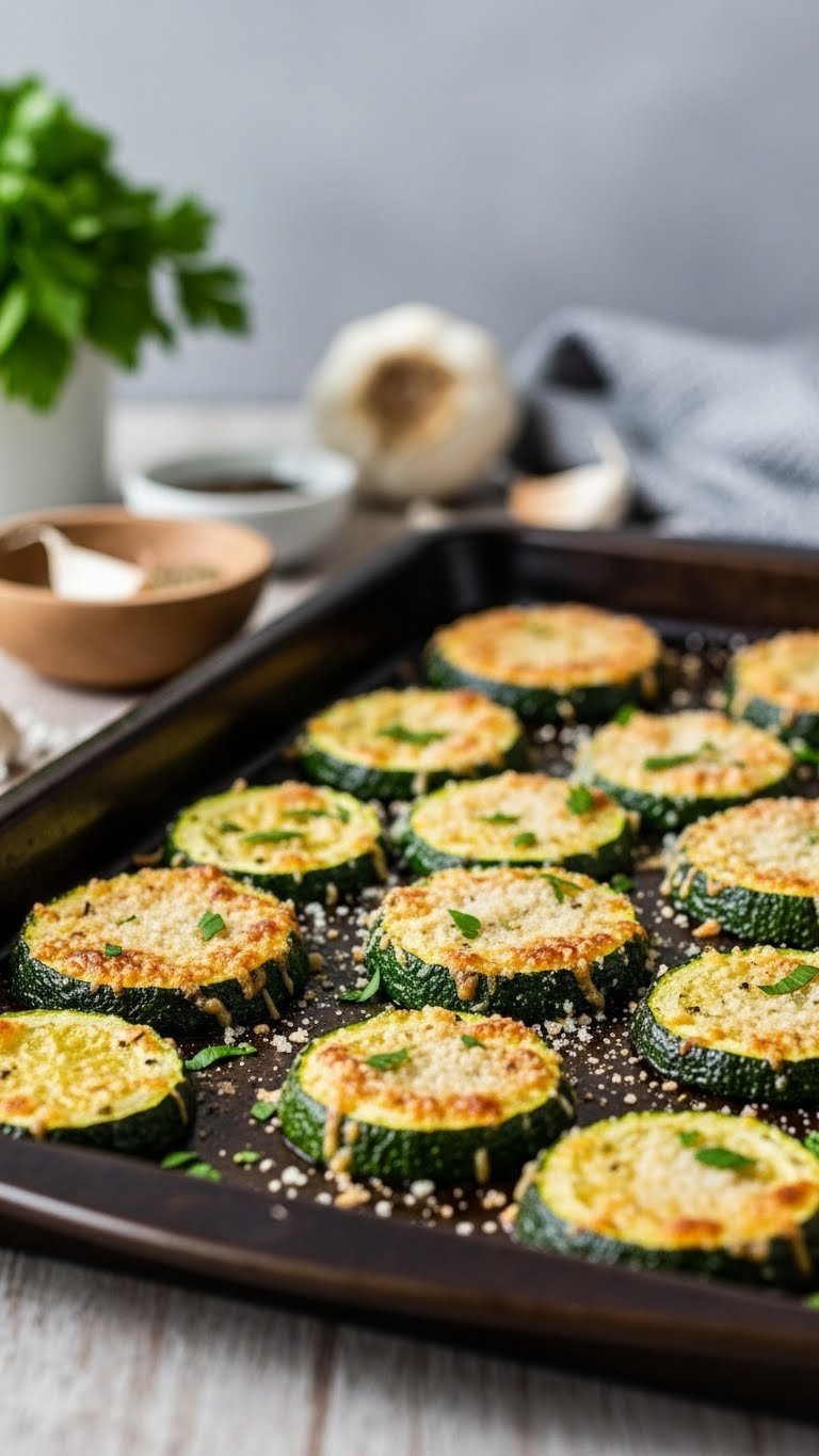 Crispy parmesan garlic baked zucchini rounds with golden-brown coating and vibrant green centers on dark baking sheet.