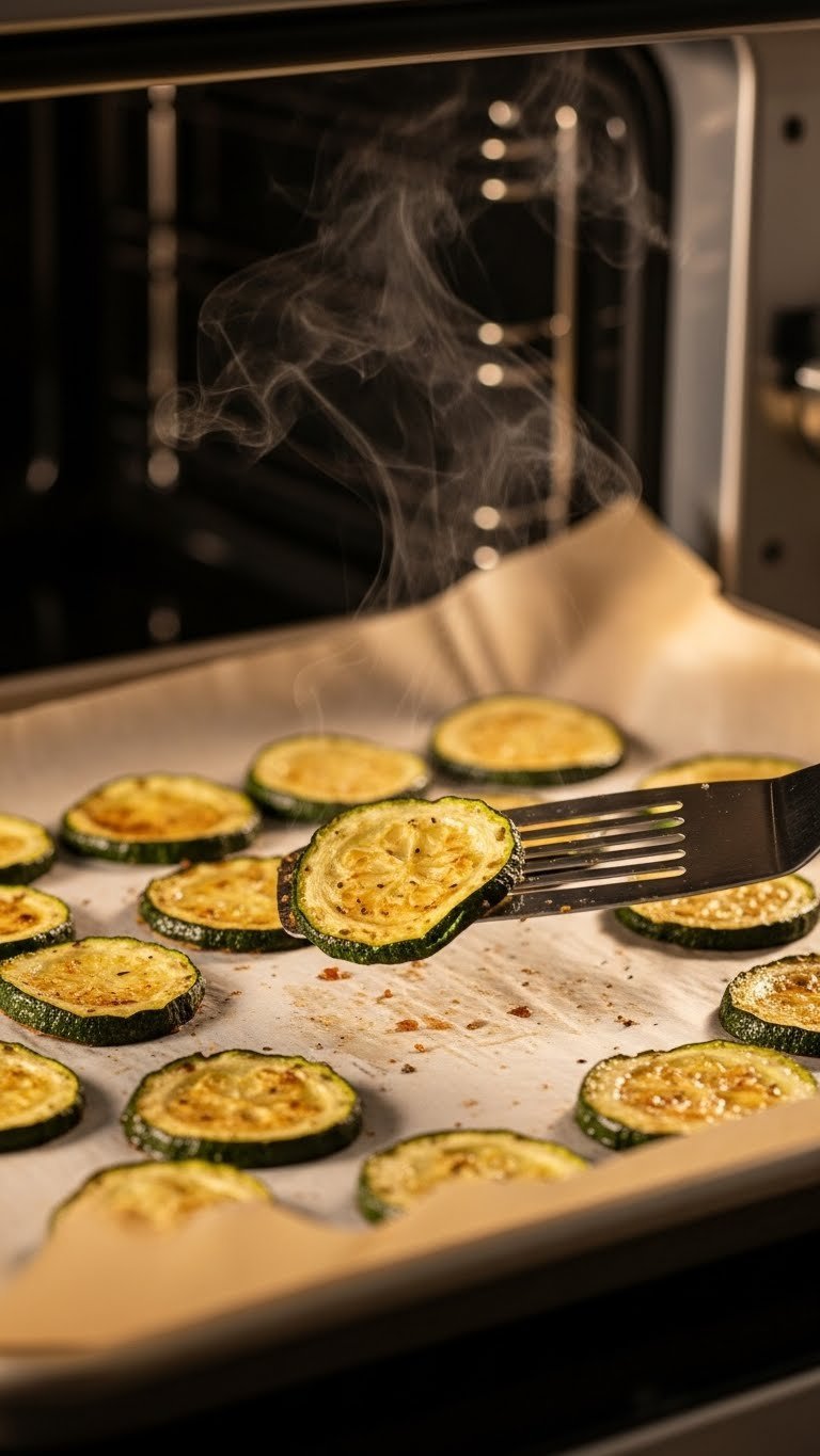 Crispy zucchini chips being flipped with metal spatula on parchment paper-lined baking sheet