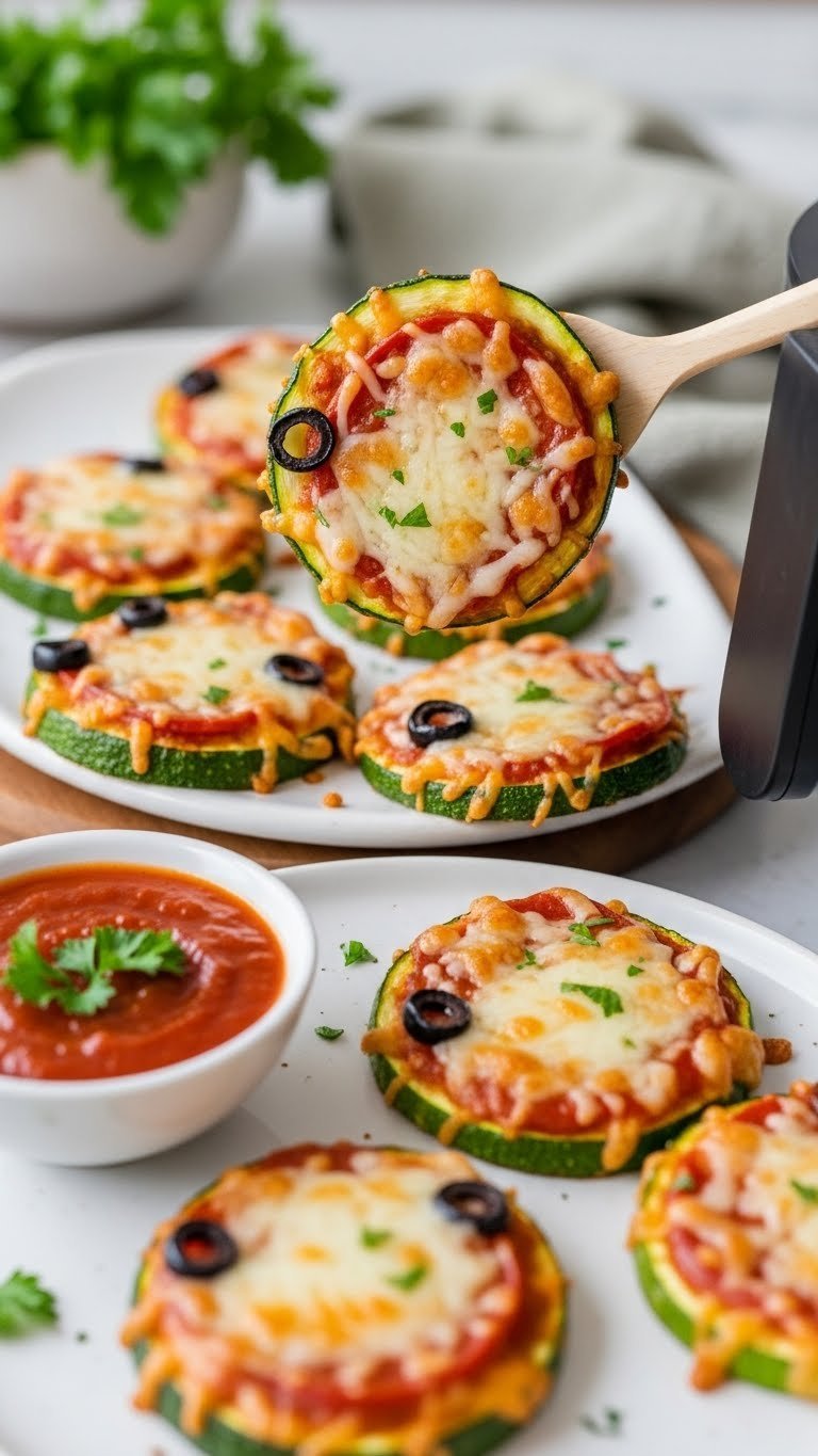 Easy Crispy Zucchini Keto Pizza Baking Recipes 11 Crispy zucchini pizza rounds fresh from air fryer with golden brown exterior and melted cheese topped with pepperoni