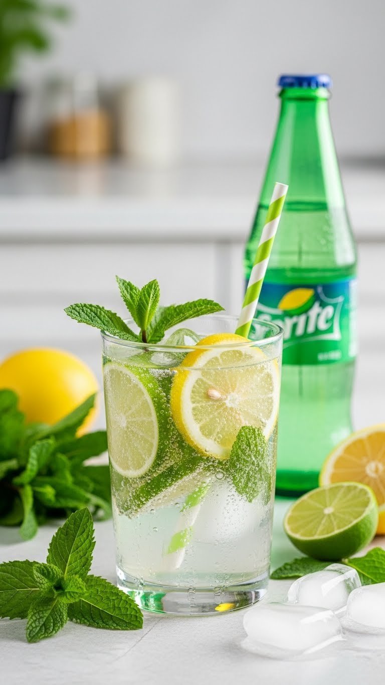 Crystal-clear lemon-lime mint cooler with citrus slices and mint leaves in stylish glass on minimalist table