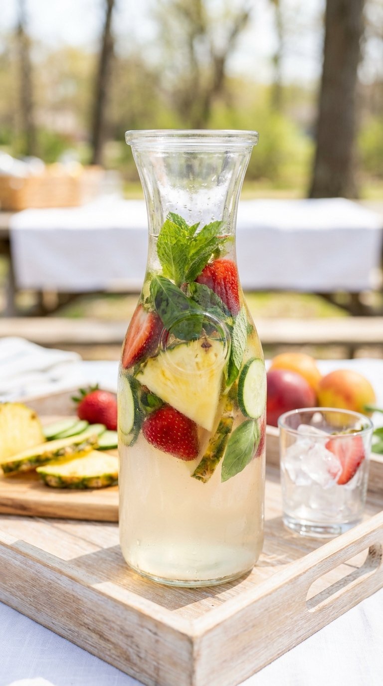 DIY agua fresca in glass carafe with colorful sliced fruits and fresh herbs for refreshing summer drink