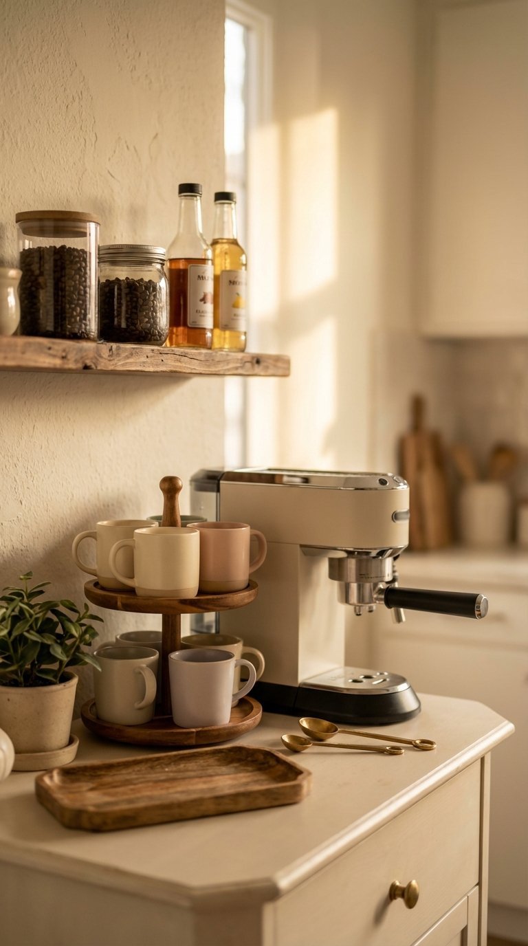 DIY coffee bar nook with compact machine and stylish mugs for micro-apartment optimization