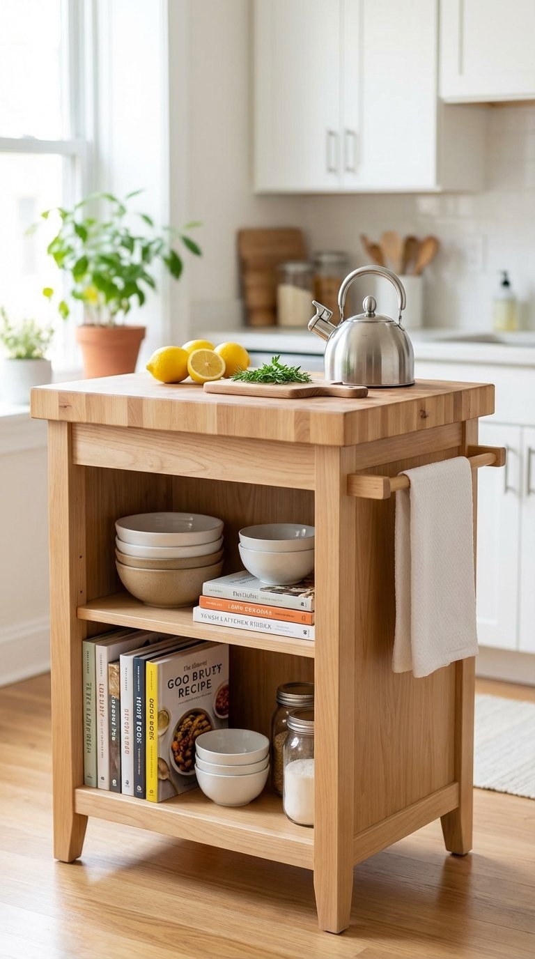 DIY rolling kitchen island with butcher-block top and open shelving for apartment storage
