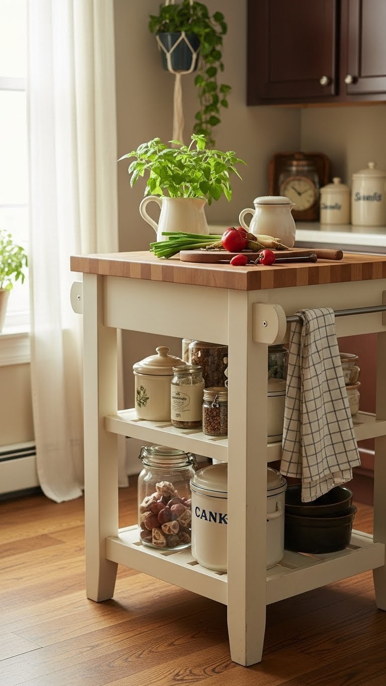 DIY upcycled kitchen island with repurposed furniture and butcher block top in charming rustic apartment kitchen setting