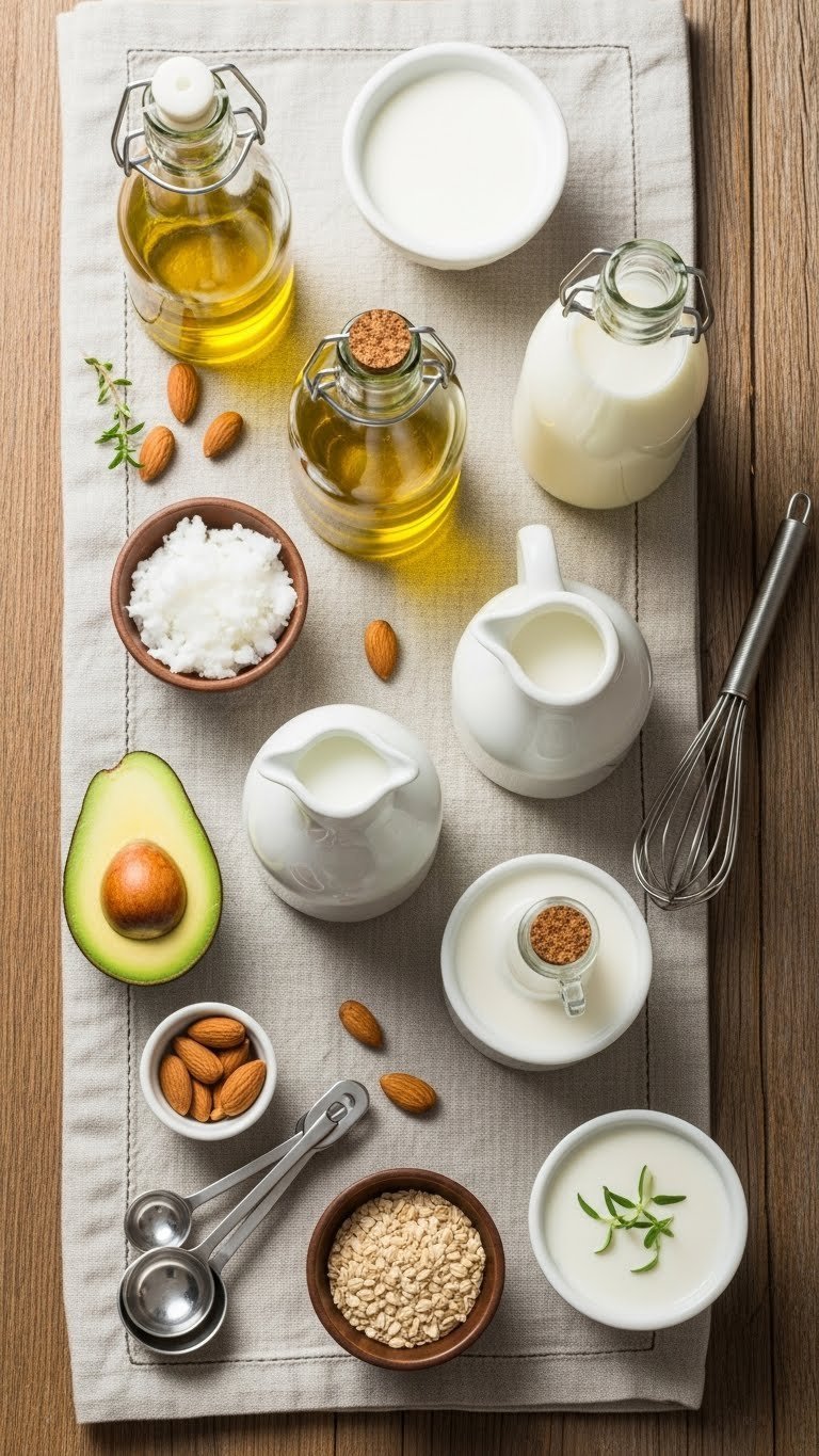 Dairy-free baking oils and milks arranged on rustic wooden table with measuring tools and fresh herbs