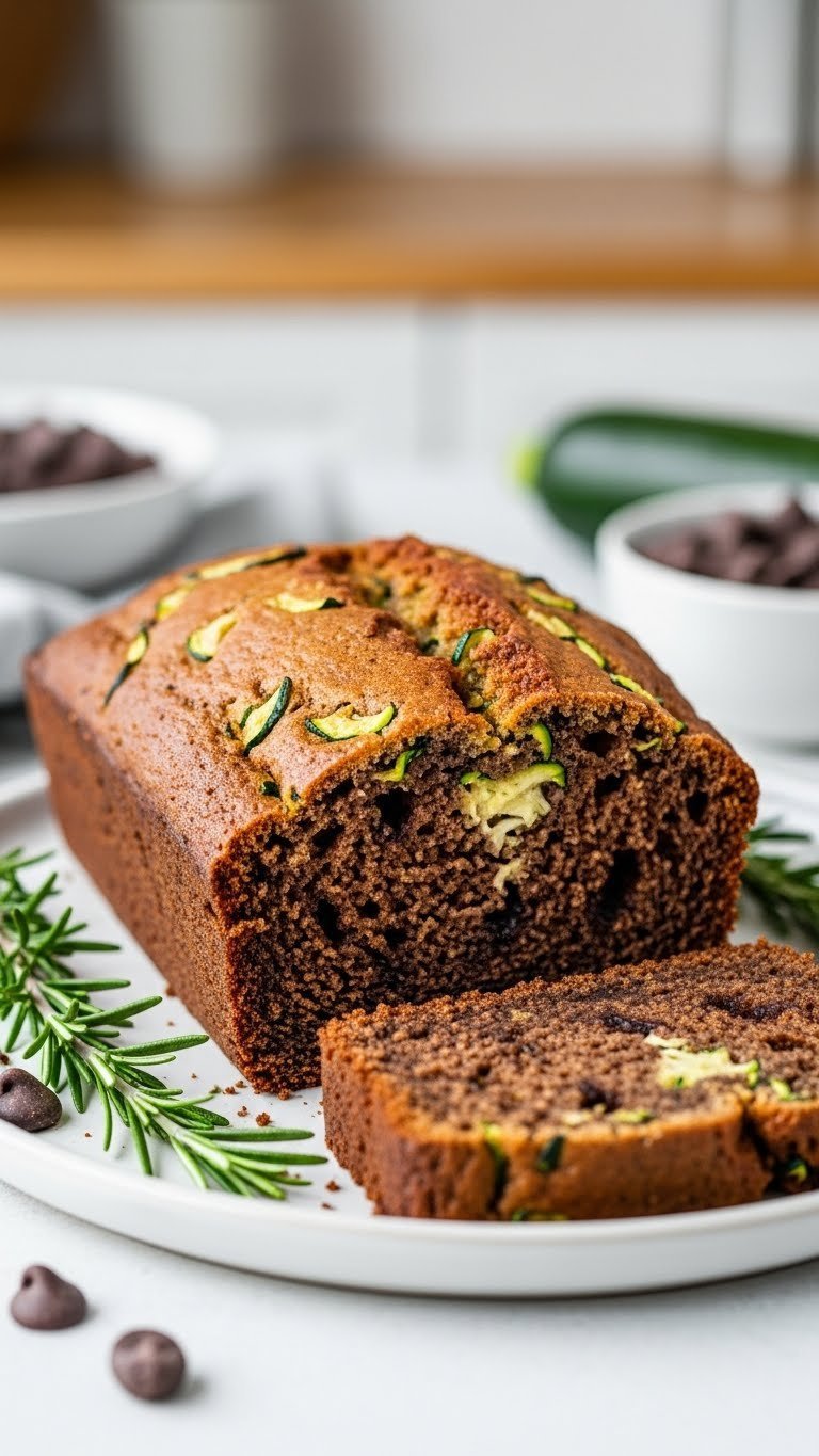 Dairy-free chocolate zucchini bread with golden-brown crust and moist interior on light ceramic plate