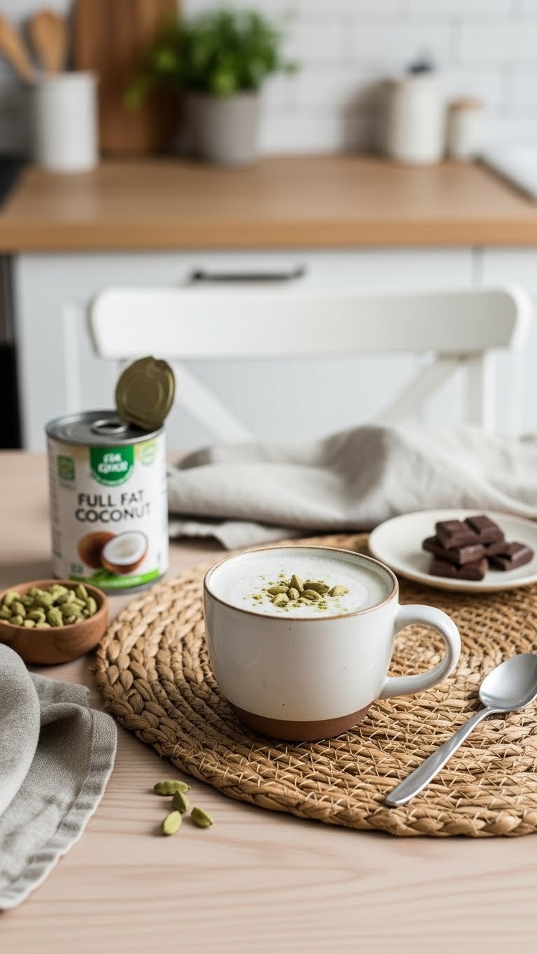 Dairy-free coconut cardamom hot chocolate with frothy texture in minimalist ceramic mug