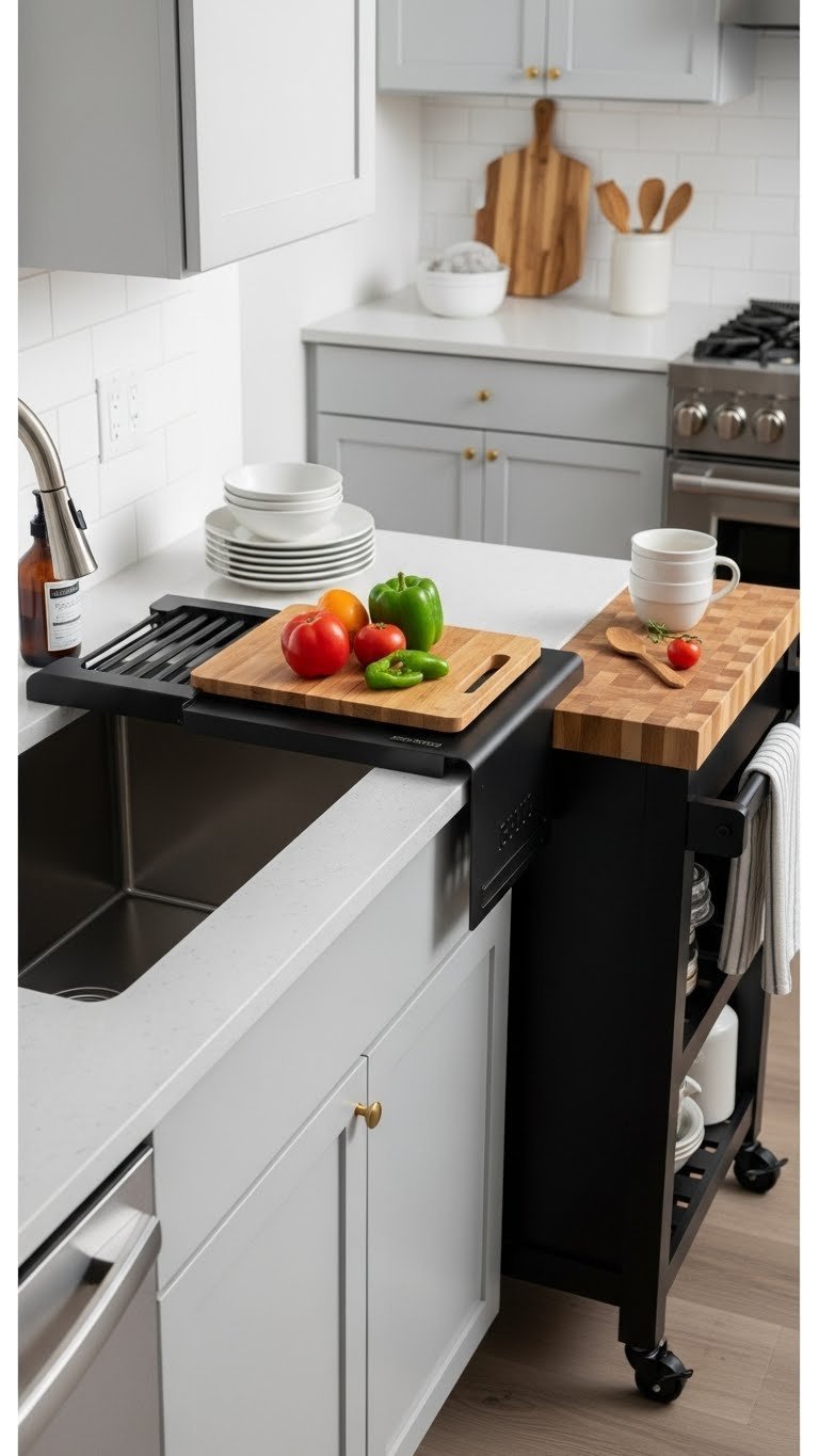 Dark over-the-sink cutting board with rolling kitchen island demonstrating small apartment workspace expansion