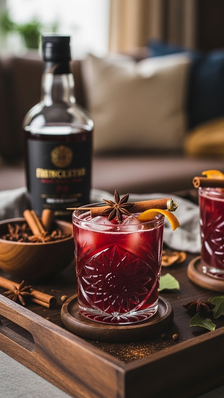Dark red spiced sorrel punch with rum in decorative glass with star anise garnish on wooden tray