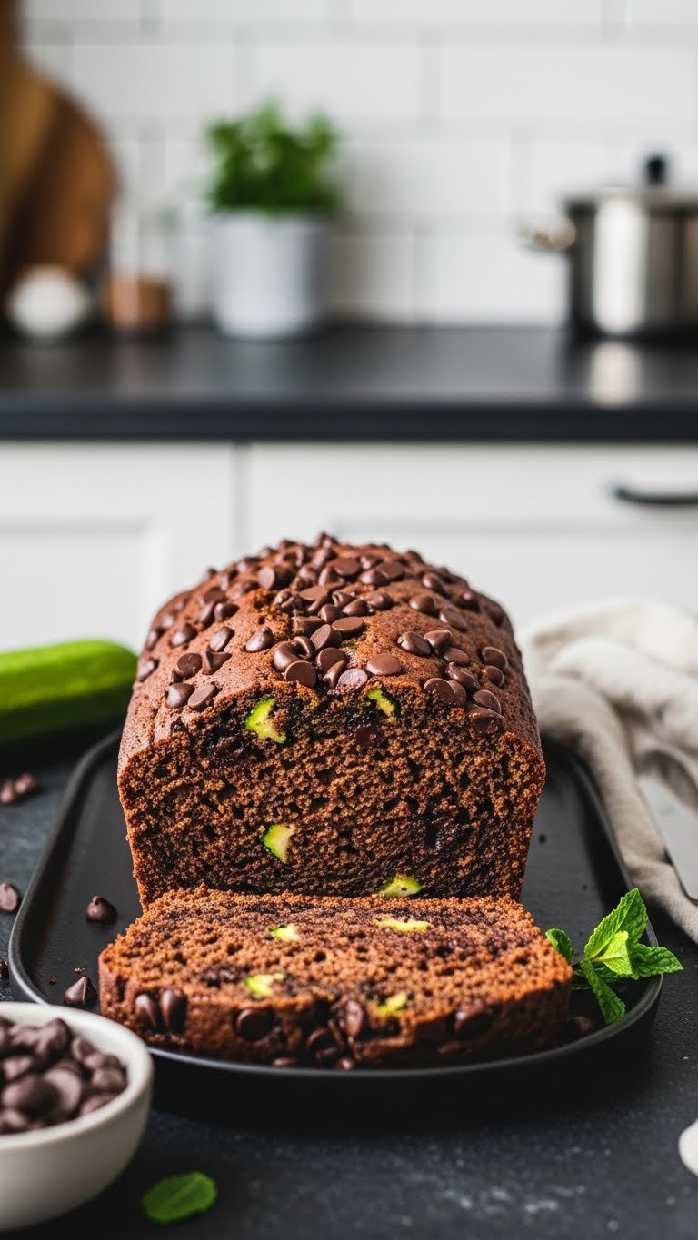 Dark vegan chocolate chip zucchini bread slice with melted chocolate chips and moist crumb on dark ceramic platter.