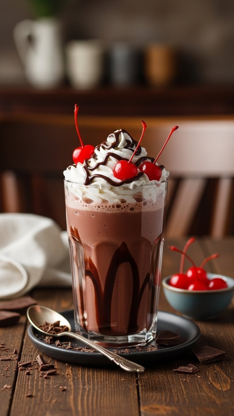 Decadent Chocolate Cherry Delight Italian soda in tall glass with deep reddish-brown liquid, whipped cream, chocolate drizzle, and maraschino cherries