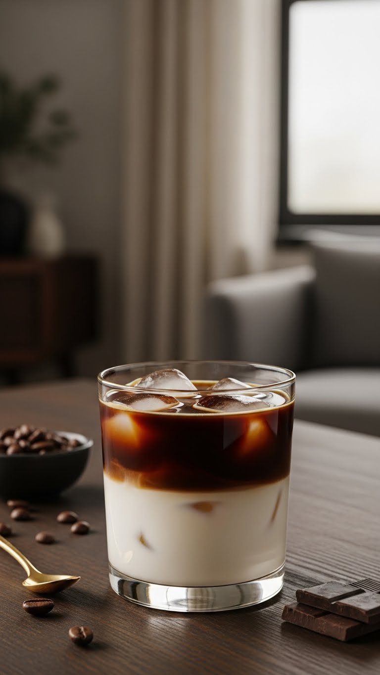 Decadent White Russian cocktail in rocks glass showing layered coffee liqueur and cream with ice cubes