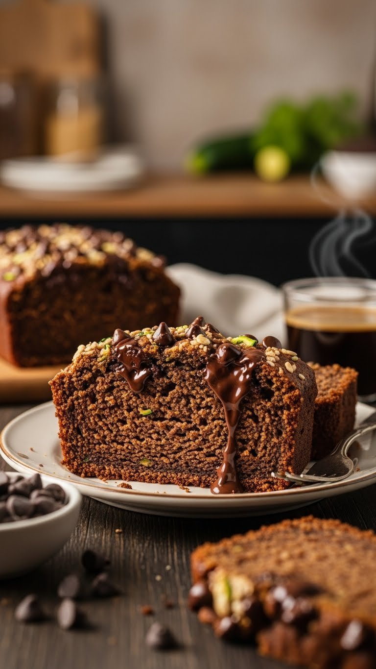 Ultimate Almond Flour Zucchini Bread: Easy, Moist, Gluten-Free 5 Decadent chocolate chip almond flour zucchini bread slice with melted chocolate chips on vintage ceramic plate with coffee cup.
