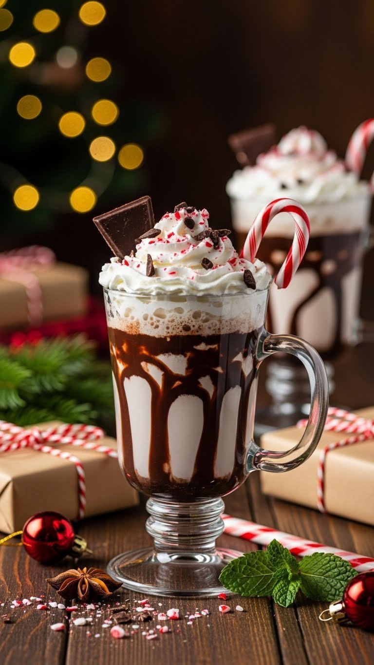 Drink Ideas Mocktails: 7 Elevated Recipes For Adults 13 Decadent chocolate peppermint swirl mocktail in festive glass mug with whipped cream and candy cane.