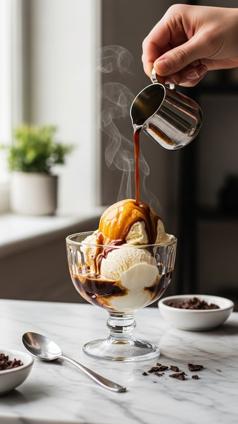 Decadent coffee affogato with vanilla ice cream melting under hot espresso pour in glass bowl