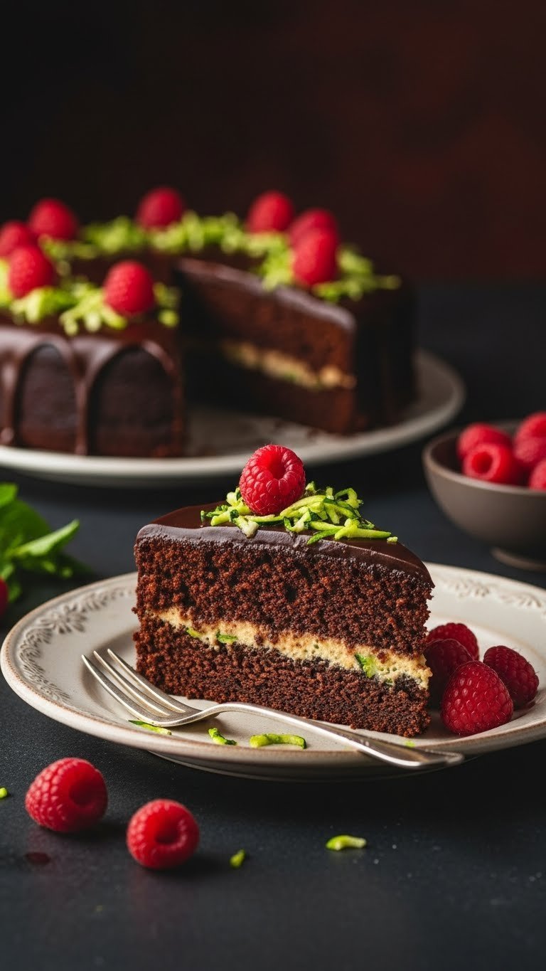 Decadent keto chocolate zucchini cake slice with glossy sugar-free chocolate glaze on vintage ceramic plate