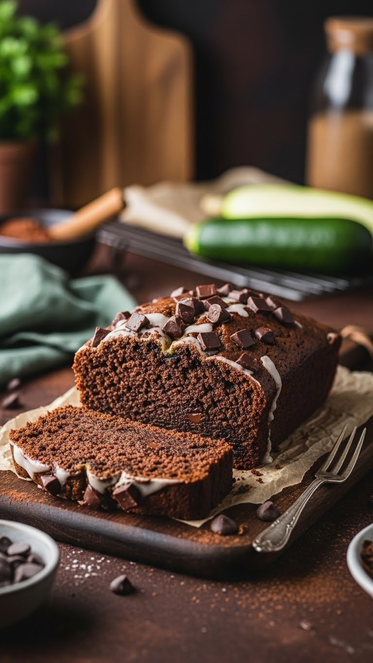 Decadent slice of double chocolate vegan zucchini loaf studded with chocolate chunks on dark wooden board