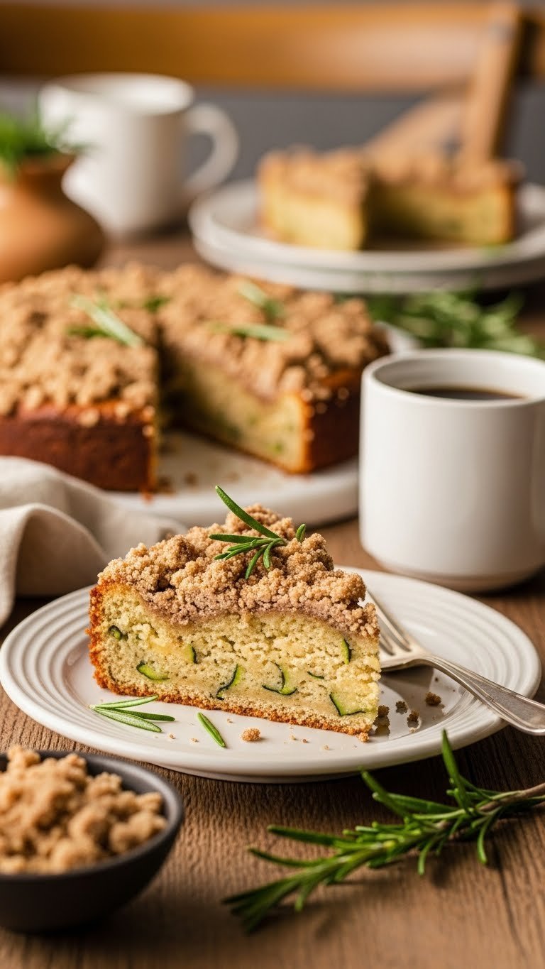 Decadent slice of flourless zucchini coffee cake with cinnamon sugar crumble topping on rustic wooden breakfast table setting.