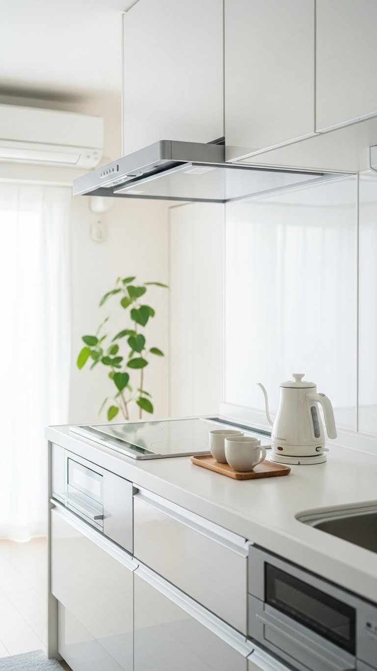 Decluttered Japanese kitchen countertop with sleek electric kettle and wooden tray holding minimalist tea mugs