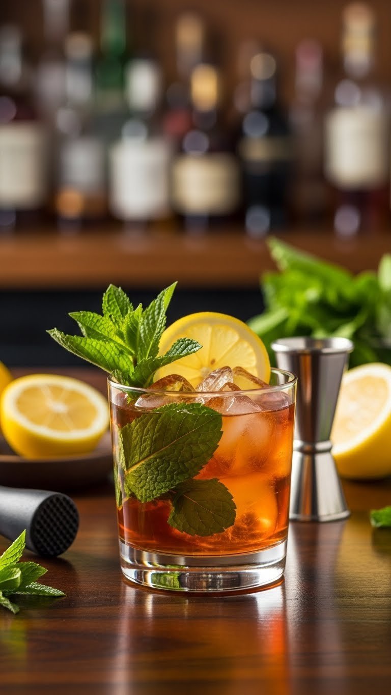 Deep amber Bourbon Smash cocktail with mint leaves and lemon wedge in rocks glass on dark wood