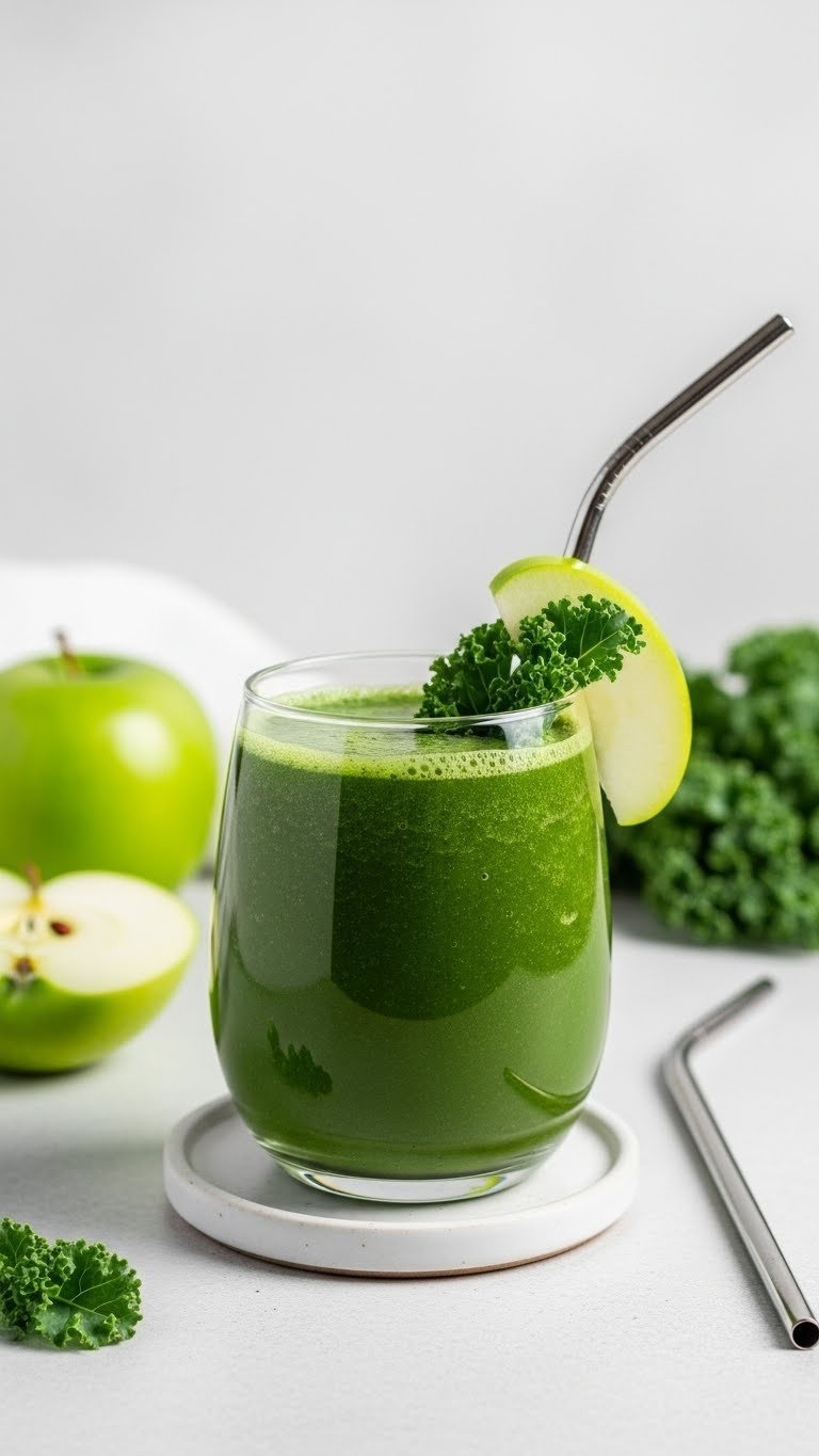 Deep green kale apple smoothie in sleek modern glass with apple slice garnish on white coaster
