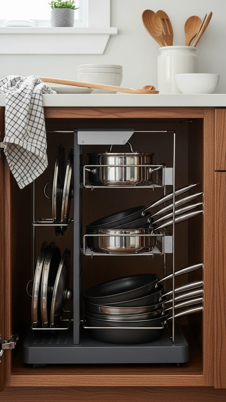 Deep kitchen cabinet with vertical pot and pan organizer showcasing neatly stacked cookware