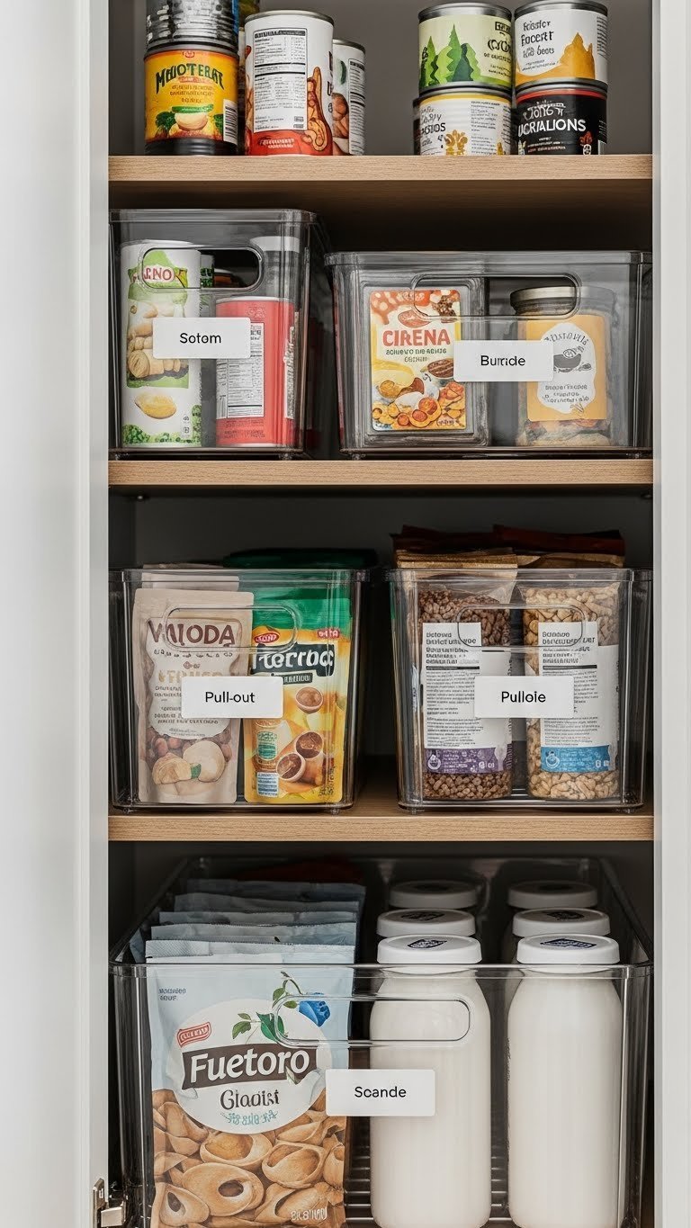 Deep pantry shelf with clear pull-out bins and wire drawers neatly organized with packaged snacks and baking ingredients for easy access.