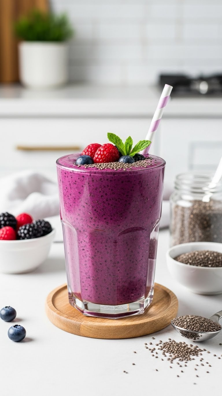 Deep purple chia berry power smoothie in clear glass with visible chia seeds suspended