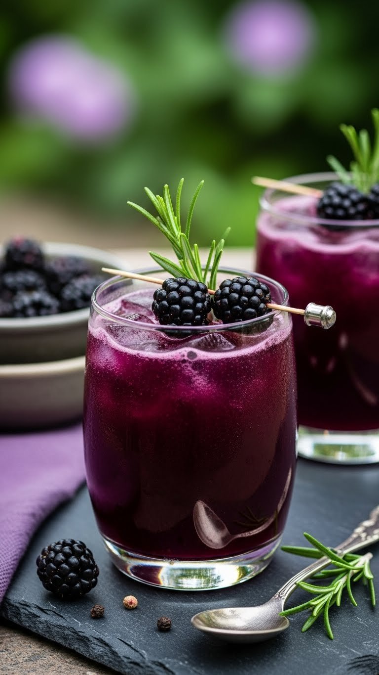 Deep purple energy drink in stylish tumbler adorned with fresh blackberries and rosemary sprigs on dark stone surface