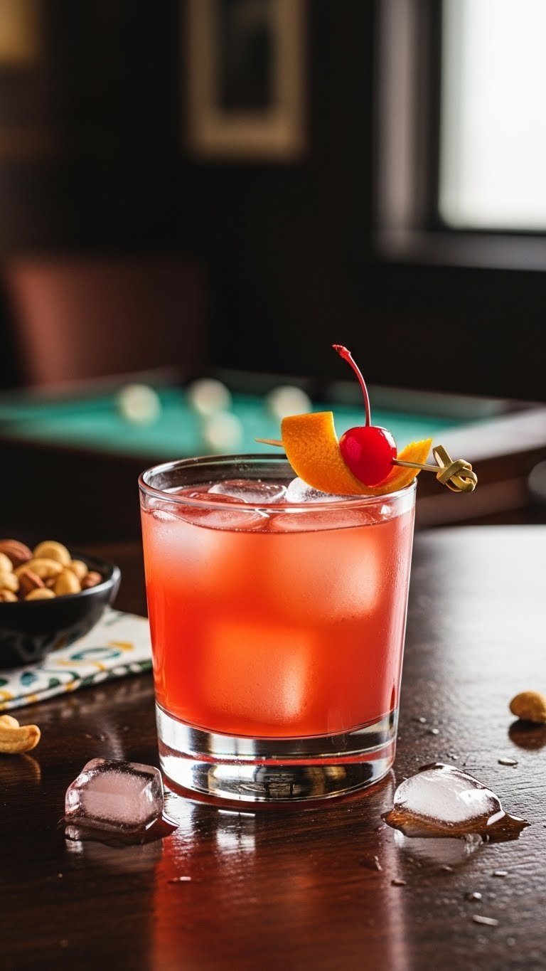 Deep red-orange Alabama Slammer cocktail in rocks glass with orange peel twist and cherry garnish