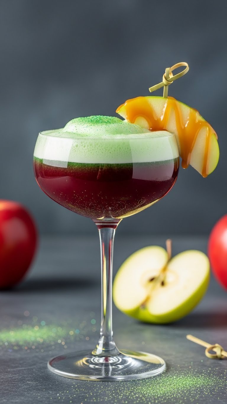 Deep ruby Poison Apple Spritzer mocktail in stemmed coupe glass with caramel apple garnish