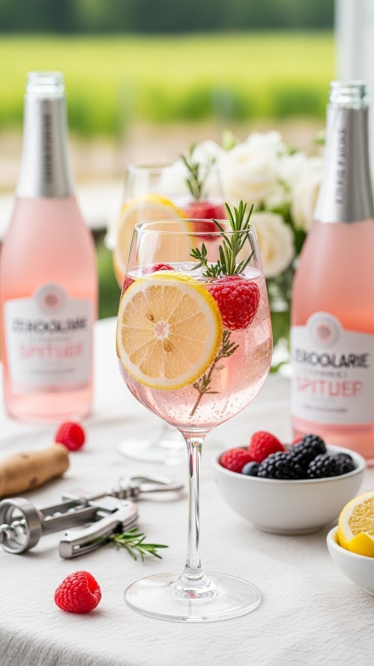 Delicate stemless wine glass with zero-calorie sparkling wine spritzer and lemon raspberries